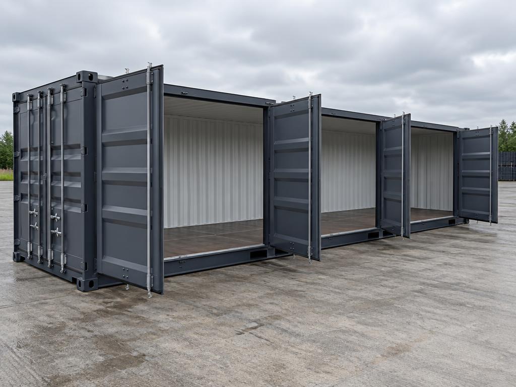 Shipping container with multiple side doors open