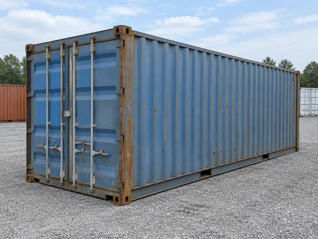 Used blue shipping container with light surface weathering